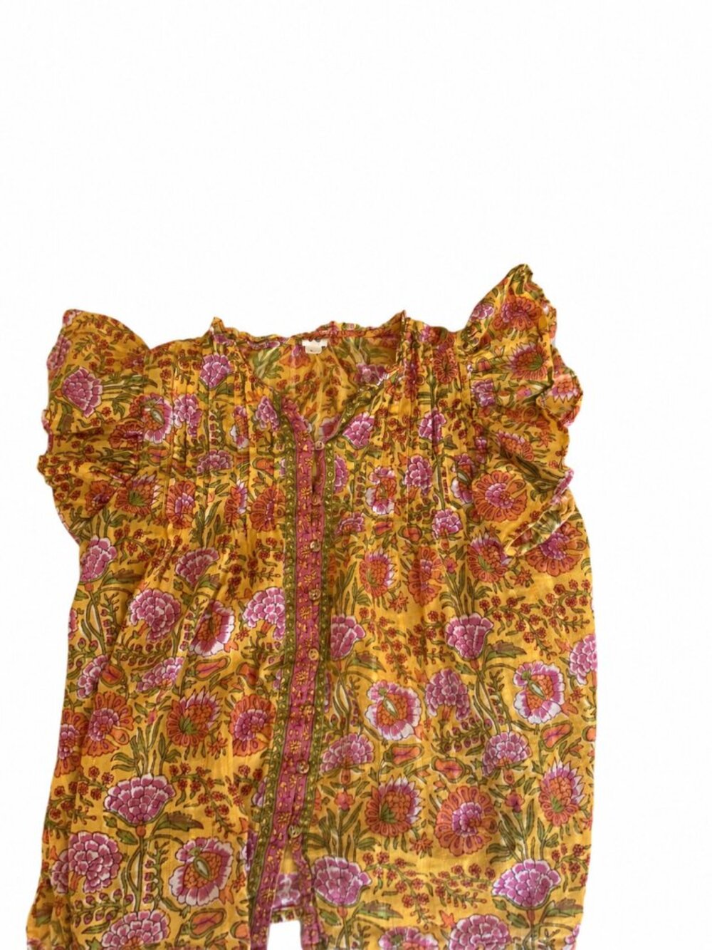 Ivy Jane Yellow Pink Floral Block Print Flutter Sleeve Button Front Blouse S